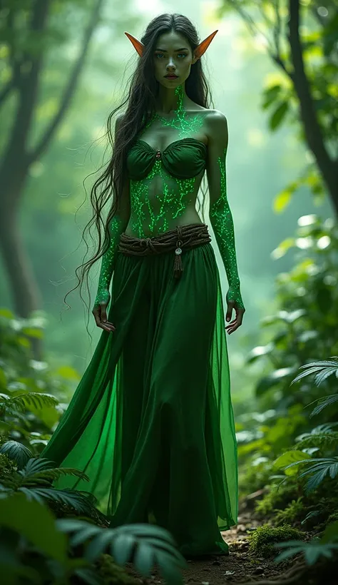 Full body young elven woman, slender and agile, with long flowing hair and crystal blue eyes. Her skin is a vibrant green with delicate leaf-like veins, and it glows softly like fireflies in certain magical conditions. She wears simple, practical clothing ...