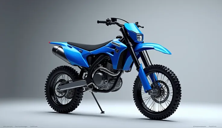 Generate a high-resolution, fully realistic image of a ( 2025 Kawasaki KX500 dirt bike ) in ( Color ) blue, with a sleek and modern exterior, futuristic wheels, and a shimmering body color, displayed in a luxurious showroom.The image should be highly detai...