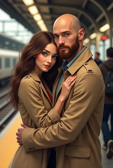 une jeune femme brune aux yeux vert vêtue dun blazer beige  et un jeune homme chauve, barbu vêtu dun trench coat beige qui se font un calin en attendant le train