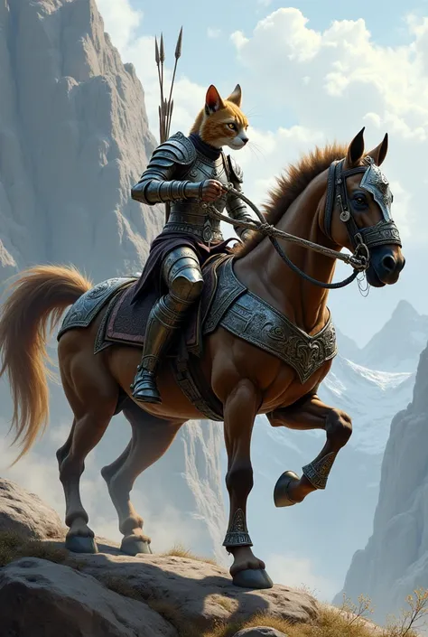 A cat-like warrior with a horse that is heavily armored and the rider carries a bow