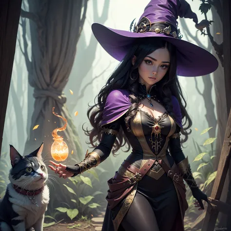  pretty girl in a witch costume，Next to it is a monster pet ， In Magical Womens Clothing 