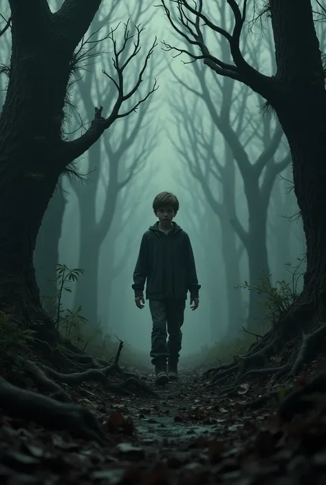 A  20 years old boy walking through the forest create like realistic horror