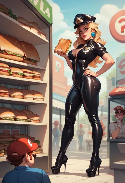  A comic strip , with sandwiches ,  the Spanish language , Of the three princesses from Super Mario making their foot fetish and femdom store,  their uniform are latex suits 