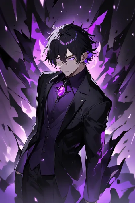 male black hair glowing purple eyes black suit