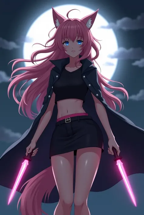 A 19 year old anime girl character with style or with some cool pose vector image, large moon in the background, long pinkmessy hair, brown pink ears, pink wolf tail, wearing black cloak, hood over head, ((Black t shirt, black skirt)), toned legs, athletic...