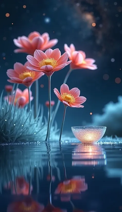 Made by AIS-RCN, 8K Photo, "words,    Beautiful Starry Sky ,     Vivid Flowers Jumping Out of Flowers    ,   Delicate Artwork Reflections with Blurred Grass Complementing the Flowers      .", Supple,     Relying on Side Lights  ,         Flower close-up   ...