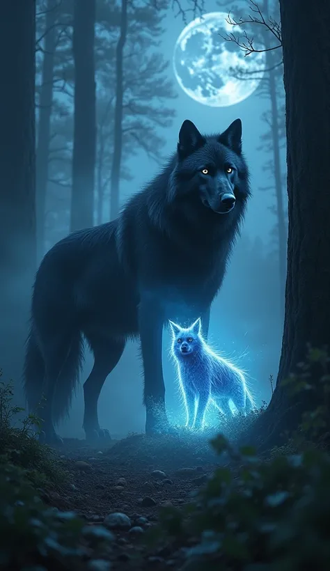 Imagine an ultra realistic image of a black wolf looking at a living animal water floating in front of you.,  The surrounding environment is filled with tall, shady trees , bathed in a cool blue light from the Moon ,  while the fog partially hides the deta...