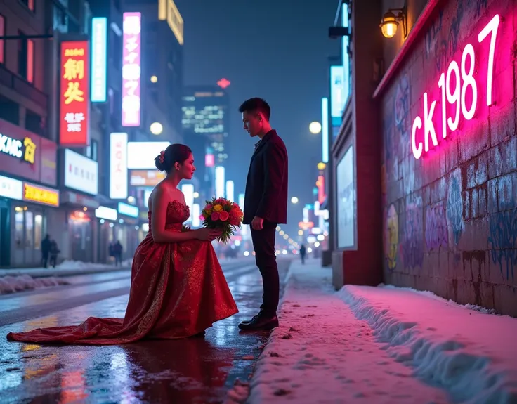 ((masterpiece))((highest quality)). ((Background is a Highly detailed cyberpunk city with multicolor LED lights. Graffiti .Luminous.))Beautiful Thai girl wearing a Vintage Thai wedding dress Kneeling, holding a bouquet of flowers Asking a Thai man to marry...