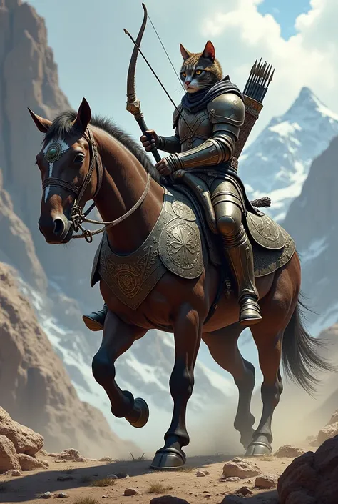 A cat-like warrior with a horse that is heavily armored and the rider carries a bow