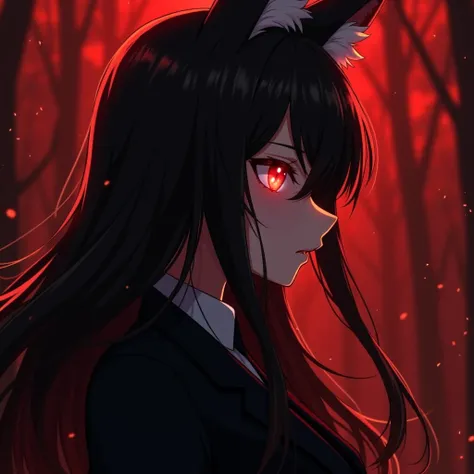 Amime style,  Woman with fox ears ,  long black hair, black suit,  right part of the picture ,  right profile showing only half of the face ,  crimson red eyes reflecting an intense red fire,  scared face with a tear ,  left side of the image smoke and spa...