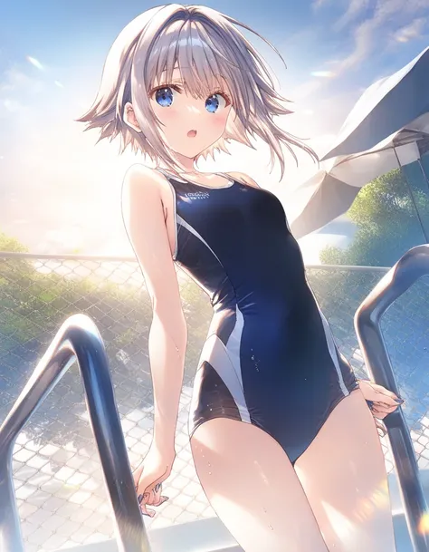 1girl, little female, short hair, beautiful breasts, beautiful detailed eyes,open mouth, swimsuit, outdoors,wind, game CG, break,((artist:mitsumi_misato)),(artist:fujiyama),(artist:suzumori),(masterpiece), (best quality), (ultra-detailed), very aesthetic, ...