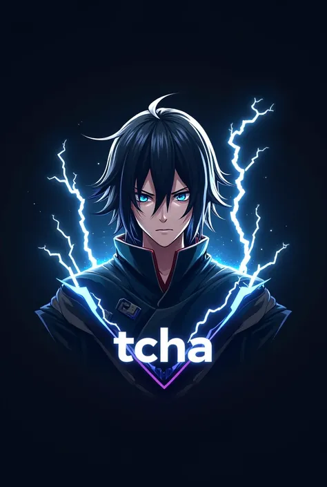 Itachi 3D game logo small size with samurai ninja suit,blue eyes"cool black and white hair "  with lightning effect inscribed "TCHA" By Tato