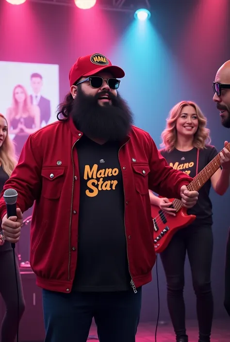 Créer une image avec 4 personnes en mode karaoke: le 1 er un chanteur un peu gros avec une grande barbe noir, lunette de soleil et veste rouge et une casquette rouge, le 2eme une femme blonde en choriste, le 3 eme un présentateur avec lunette noir et un t-...