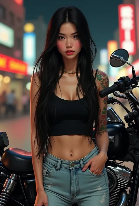 Realistic oil painting of a beautiful South White girl with long straight black hair, Chinese tousled makeup, wearing a black single black loose-waisted jeans, light colored jeans. On the chest to the right upper arm, there is a cool tattoo highlighted in ...