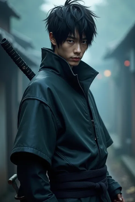 Buat gambar realistis hd detail bokeh karakter live action Sasuke dari anime Naruto menggunakan wajah V taeyoong BTS diambil dari camera slr Sony terbaru membawa pedang dan sasuno