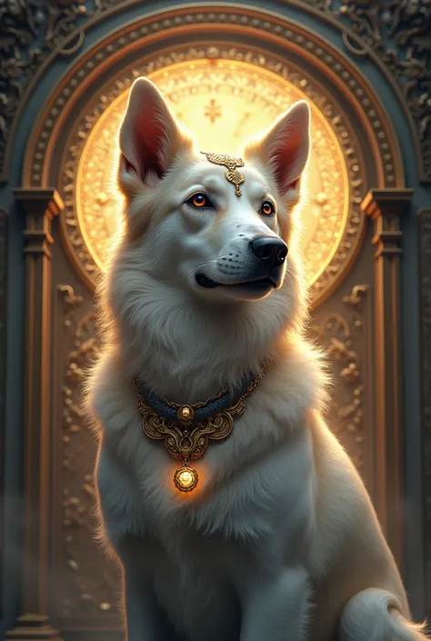 I want you to draw me a dog wearing the Valencia . With a saints aura and I want you to wear wounded by a palace on his head