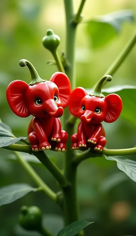 Prompt:
"A whimsical digital artwork featuring two red chili peppers creatively shaped like cartoon elephants. Each chili pepper has distinct elephant-like features, including large ears formed from the pepper tops, small black eyes, trunk-like protrusions...