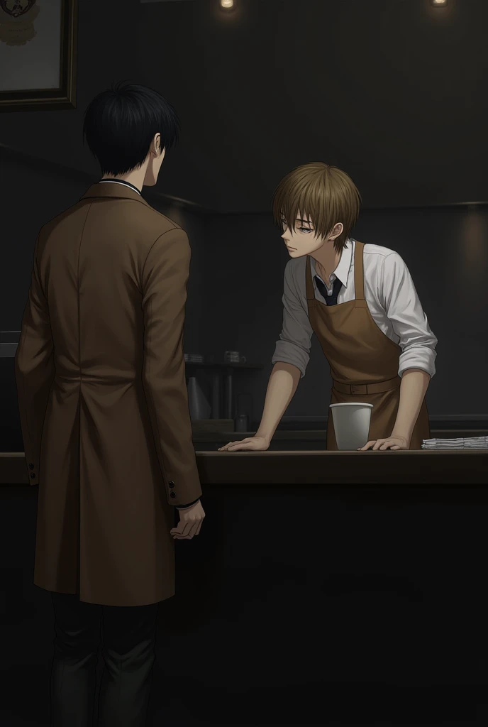 A dimly lit cafe. A short man with white shirt and brown apron with brown, straight hair,slim body works behind the counter. On the other side of the counter, another long man with black hair,a brown coat and cold expression is watching him.