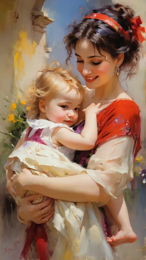 il painting in Pino Daeni style, young mother jokingly says to the  she holds in her arms, close up, and you are my son!