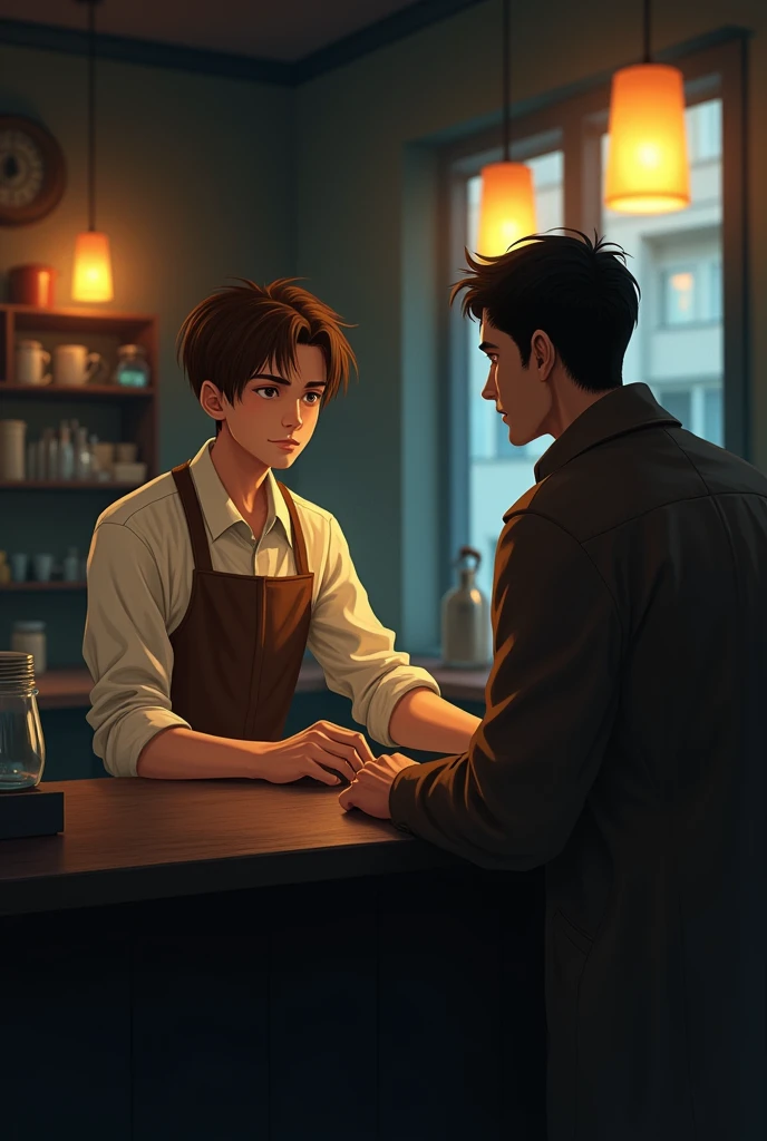 A dimly lit cafe. A short man with white shirt and brown apron with brown, straight hair,slim body works behind the counter. On the other side of the counter, another long man with black hair,a brown coat and cold expression is secretly watching him.  (Rea...