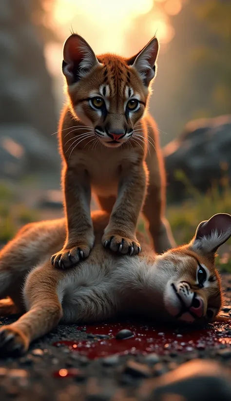 A dead baby deer with bloodied body lies in the forest.
- A majestic baby mountain lion with tiny claws stands victorious.
- Background: Rocky terrain, sunset.
