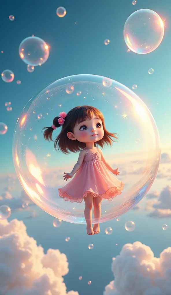 extremely realistic、 realistic、magical bubbles, sparkling bubbles ,  colorful bubbles,  cute girl, (((get in the bubble and fly ...