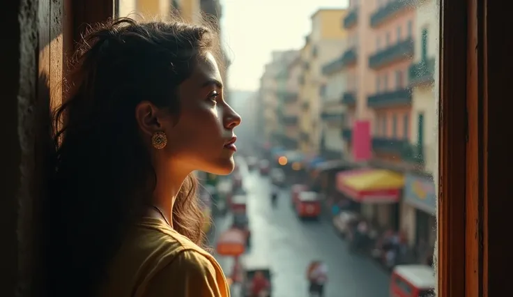 Over-the-shoulder shot of María staring out at the vibrant streets.
The camera follows her line of sight to the world outside, full of motion and life. As the scene unfolds, subtle focus shifts highlight her introspection, her expression softening as deter...