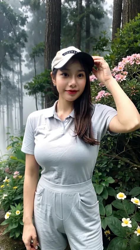 full-body portrait photograph of a young java woman hijab with polo Cap, wearing pinafore with shirt, hotpant with leggings, oversized_breasts.", she is hiking, beautiful_breasts. sensual body, in a unique, photoshot model, ((In front of flowers in the mis...