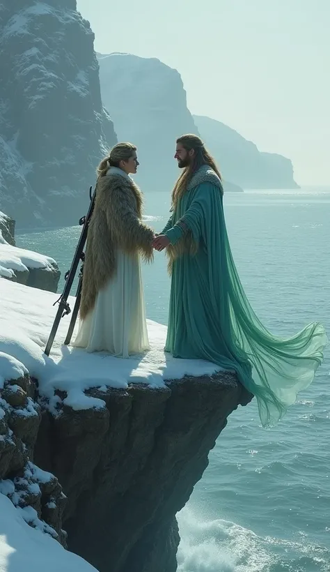 Skadi and Njord’s Opposites-attract Romance

"Skadi, clad in fur with skis at her side, gazes at Njord, adorned in sea-green robes with waves lapping at his feet. They stand on a cliff, where snow meets the ocean, their hands almost touching, symbolizing a...