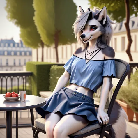 1 girl,Loona Hellhound, (beautiful hair), actress, smile, shiny skin, best quality, masterpiece, (photorealistic:1.4), terrace seating, Europe, France, Paris, denim mini skirt (realistic fabric), white short sleeves (cotton fabric), (no logo), thin fingers...