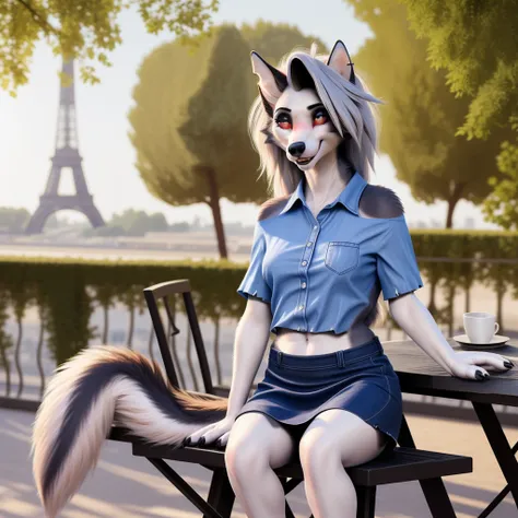 1 girl,Loona Hellhound, (beautiful hair), actress, smile, shiny skin, best quality, masterpiece, (photorealistic:1.4), terrace seating, Europe, France, Paris, denim mini skirt (realistic fabric), white short sleeves (cotton fabric), (no logo), thin fingers...