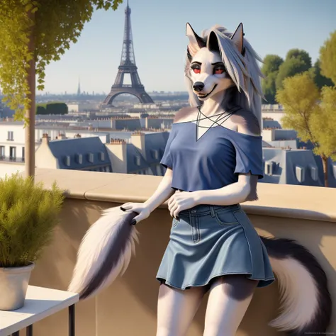 1 girl,Loona Hellhound, (beautiful hair), actress, smile, shiny skin, best quality, masterpiece, (photorealistic:1.4), terrace seating, Europe, France, Paris, denim mini skirt (realistic fabric), white short sleeves (cotton fabric), (no logo), thin fingers...