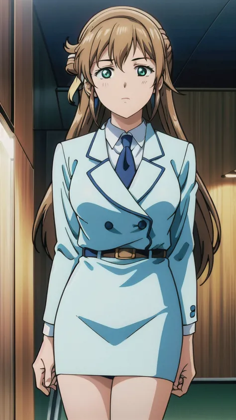 Brown Hair、Long Hair、悲しいface、Green Eyes、 Full Body Style 、Normal milk、 narrow waist 、Bare legs、In a suit、 blue jacket , collared shirt 、 white shirt、 blue tie,belt, Blue Mini Pencil Skirt, black tights、White pumps、 Official Art, Extremely High Definition C...