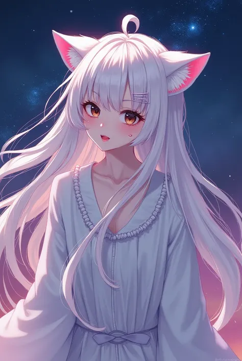  - evening sky background with stars
- Women should look elegant
- Woman with head cat ears (White coat )  has eye color brown , Right birthmark on the cheek in the middle ,  eyes a bit light Asian , Red lips,  long white hair
- Purple design
- Background ...