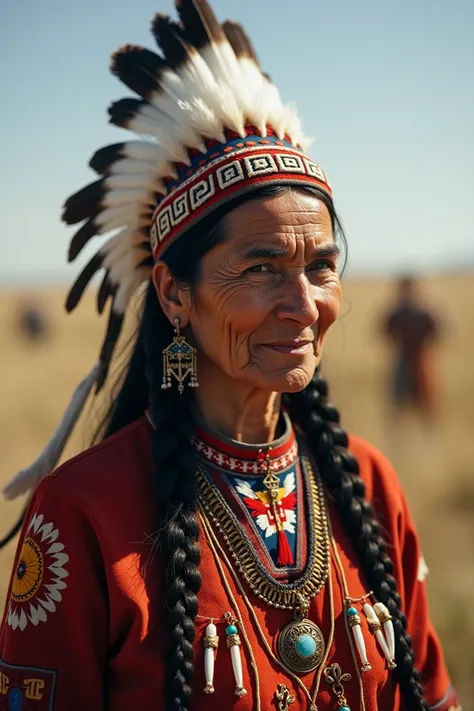 Vielle femme amérindienne famille lakota branche des sioux avec des plumes sur la tête et une tenue très décontractée de sa culture.