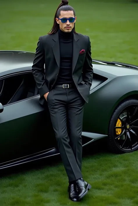 If iPhone 16 pro max was a man, make motion Cinematic picture,green beautiful  polished grass, a fair skinned handsome guy-black suit lay out on black high neck,  black pant, black shoes, sat into Black Lamborghini,  with long  hair   fallen to back and al...