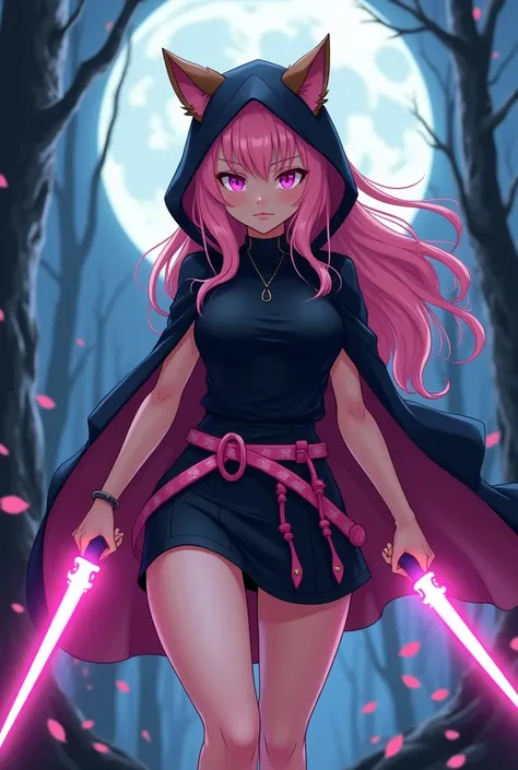 A 18 year old anime female character with style or with some cool pose vector image, large moon in the background, long pinkmessy hair, brown pink ears, pink wolf tail, wearing black cloak hood over head, wearing hood over head, ((Black t shirt, black skir...