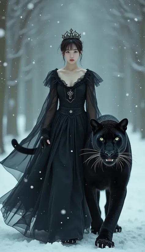 Unreal Beautiful Korean Short Hair Queen Girl Walking With A Panther, Unreal Black Dress Wearing, Unreal Beauty, Unreal Crown, Snow Falling, Unreal Background, Unreal Beautiful Queen Skin, Close Short