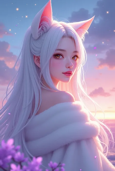  - evening sky background with stars
- Women should look elegant
- Woman with head cat ears (White coat )  has eye color brown , Right birthmark on the cheek in the middle ,  eyes a bit light Asian , Red lips, long white hair
- Purple design
- Labeling: Ca...