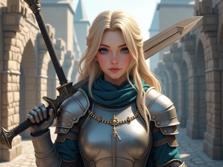  a female character with the theme of medieval European knights。Wearing silver armor 、 carrying a large sword on her shoulder 。 has long platinum blonde hair 、Blue Eyes。 the character has an expression that combines kindness and strength 。 the background i...