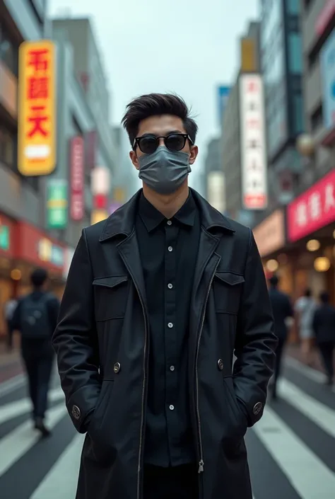  Mysterious cool young man , He is a strategic Brand  ,  is very creative and eccentric in the middle of a Tokyo street,  wearing sunglasses and wearing a gray mask 