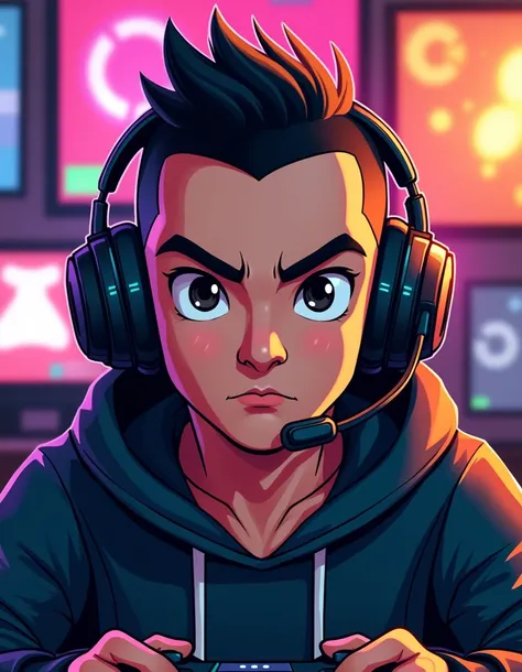 Gamer Man Cartoon With Black Eyes and short hair like buzz cut