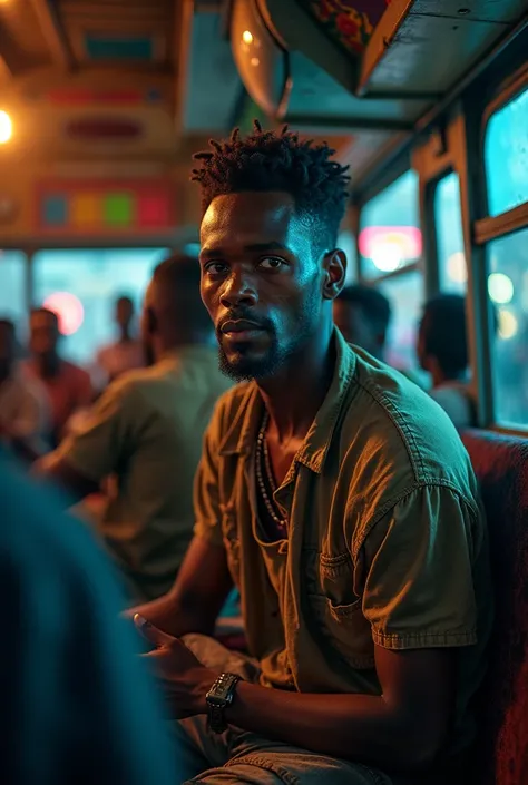 A yong brown man in ragged clothes in Nairobi CBD in matatu at night 