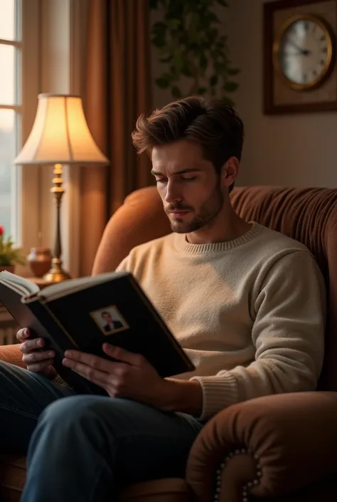 The young father 25 years old sits on a cozy armchair, holding a photo album. The room is softly lit with a warm, nostalgic ambiance. The ticking of a clock can be faintly heard in the background.
