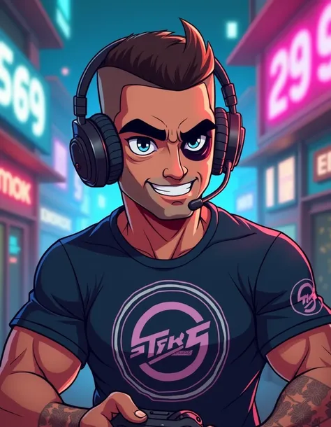 Gamer Man Cartoon With Black Eye and short hair like buzz cut