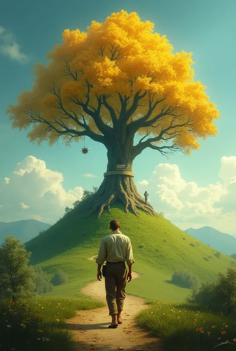  There is a large tree with golden leaves on the top of the green hill,  shimmering in the sun .  The tree branches respect the symbols of goals — book  (Knowledge ),  A star  (Good luck), heart (Love), compass (Guide).  At the bottom of the hill, there is...