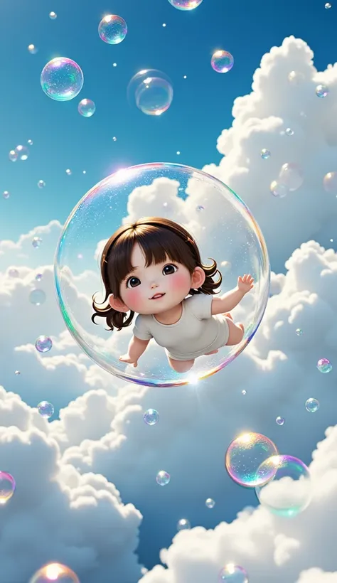  Extremely Realistic、 realistic、Magical bubbles, Sparkling Bubbles ,  Colorful Bubbles,  cute girl, (((Get in the bubble and fly through the sky 、fantasy))),  one girl who is at ease,  look at the surface of the earth in the bubble with a smile