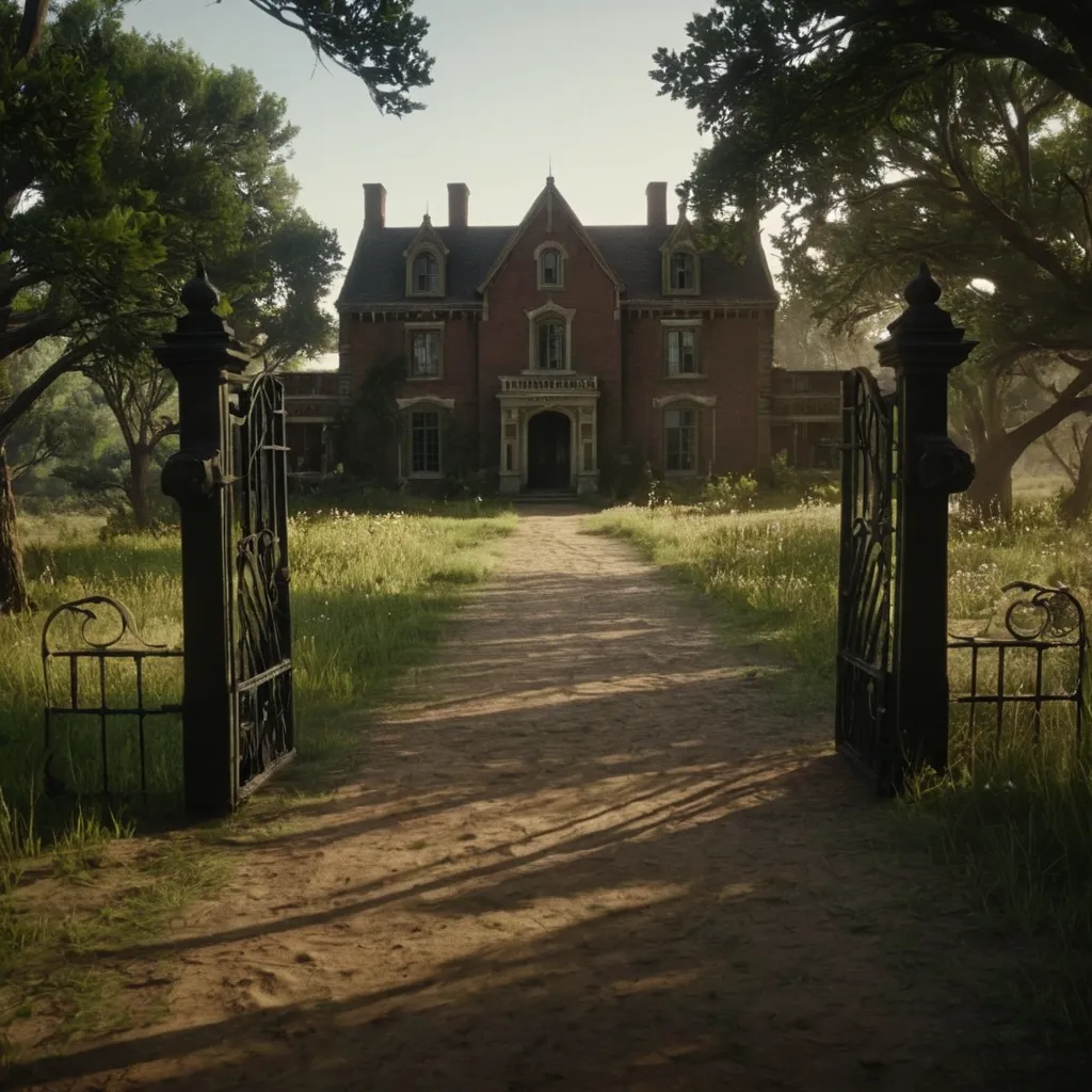 cinematic film still of cinematic film still of  big  manor 1900’s house  building gate at the end of pathway, trees and pathway...