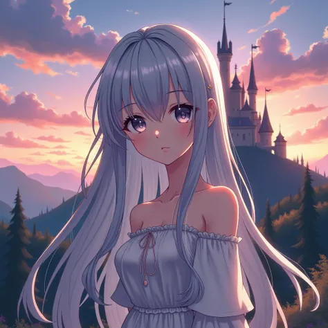 Anime girl with long silver hair standing in front of a castle,  Anime Fantasy Illustrations ,  Anime Art Wallpaper 8K, Anime Style 4k, Anime Art Wallpaper 4K, Anime Art Wallpaper 4K,  beautiful anime portrait , Guweiz-style work ,  Beautiful fantasy anime...