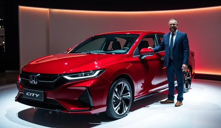 New 2025 Honda city  hd full attractive red shiny at showroom stage stand with happy man